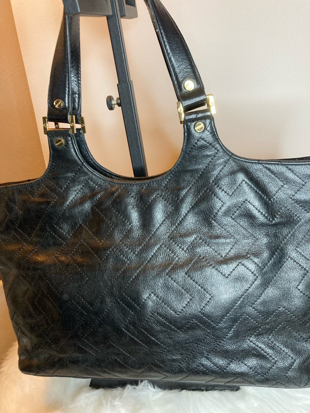 Authentic Tory Burch T Stitched Bombe Black Leather Bombe Tote Bag